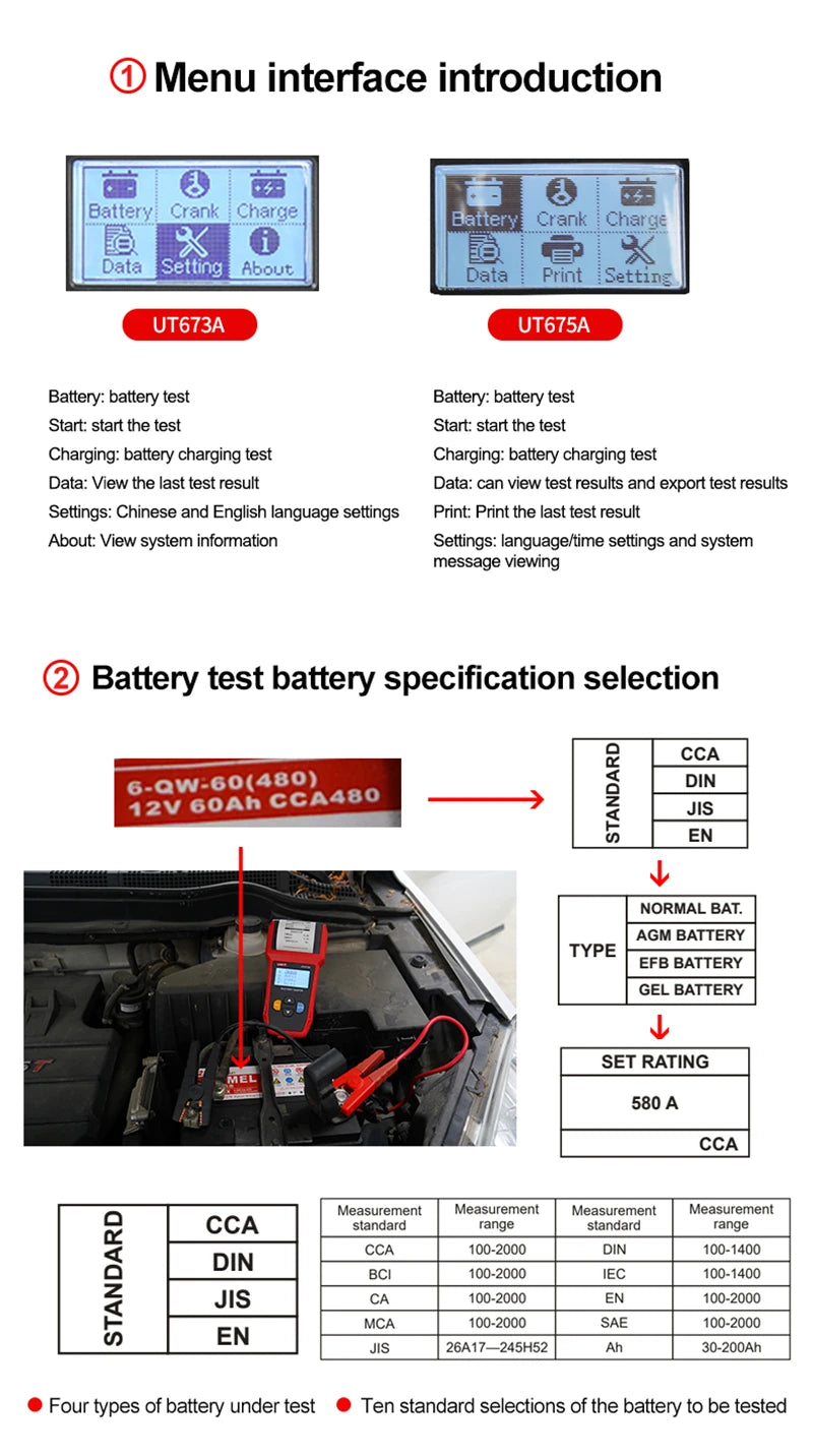 UNI-T UT673A UT675A Tester per batteria automobilistica controllore digitale con stampante Tester di carico per batteria per auto professionale 12V 24V