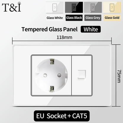 Prese per interruttori a muro T&I con tipo USB  C Ricarica rapida, presa Italia, presa Schuko Cile, pannello in vetro temperato per la casa