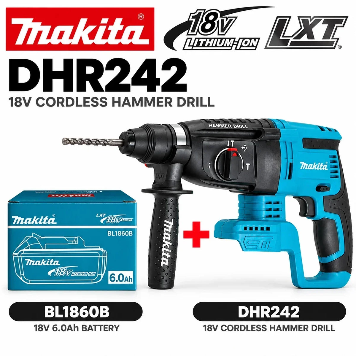 Trapano perforatore rotante SDS Plus Makita DHR242 18V LXT, senza spazzole, a batteria, capacità 24mm per calcestruzzo, 4700 IPM 2.0J, utensile elettrico professionale a 3 modalità, compatibile con BL1860B BL1850B BL1815, s