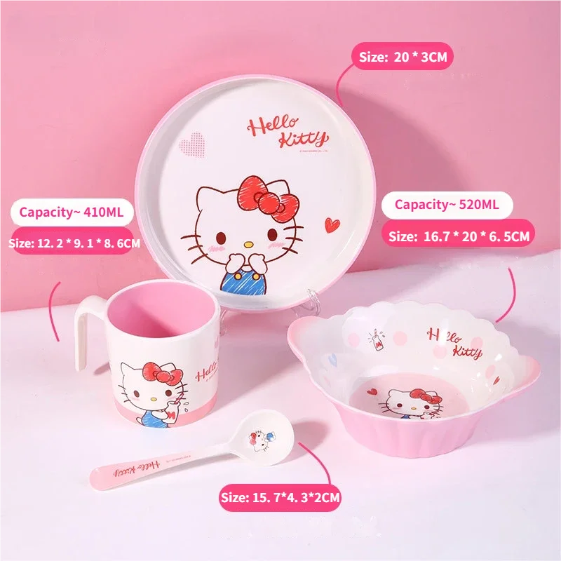 WUHE Set di Stoviglie per Bambini Hello Kitty, Ciotole e Piatti in Melamina, Design Cartoon per Ragazze, Senza BPA, Infrangibile, Lavabile in Lavastoviglie