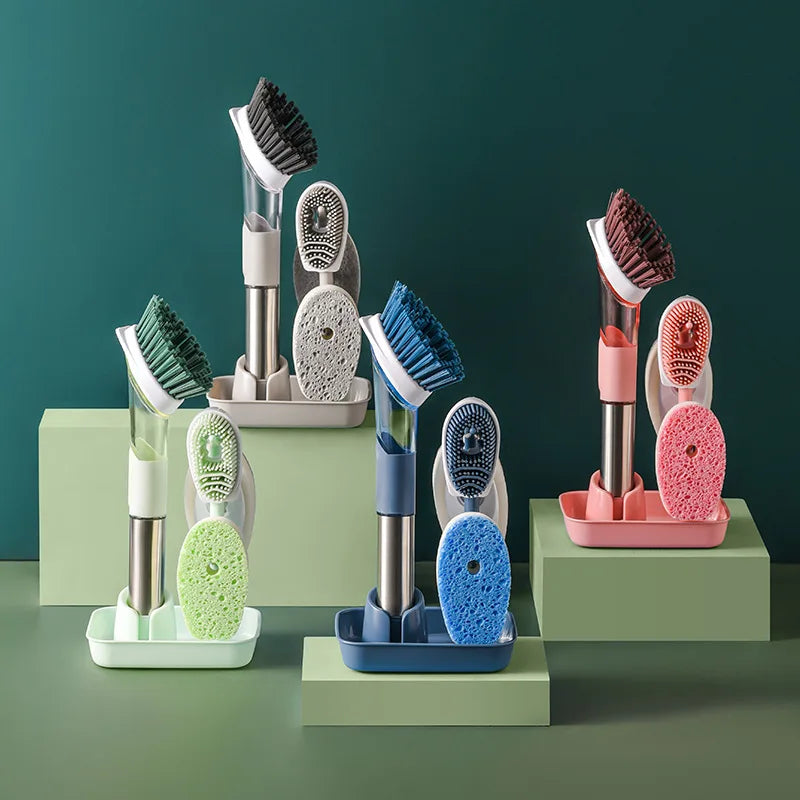 Strumenti per la pulizia della cucina Manico lungo Spazzola per piatti Dispenser di sapone liquido Detergente Spazzola per piatti Spugna per piatti Salviette per lavare i piatti