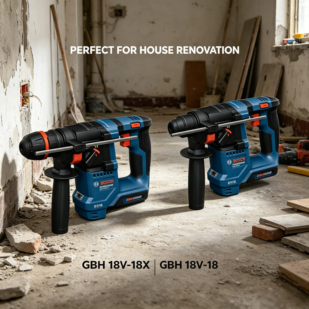 Trapani Bosch GBH 18V-18 / GBH18V-18X, pronti per l'uso in cantiere, con impugnatura ausiliaria ergonomica per un utilizzo controllato e senza fatica