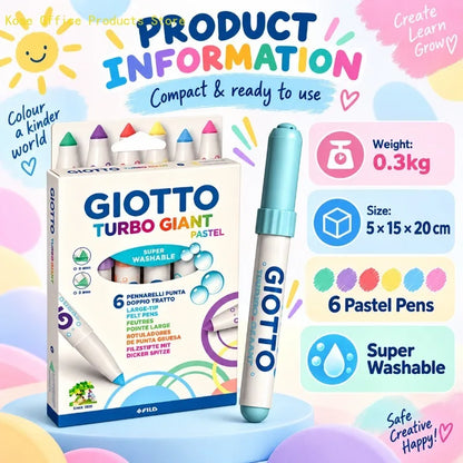 GIOTTO Set da 6 Pennarelli Pastello Turbo Giant Super Lavabili con Punta Larga in Feltro per Disegno, Colorazione, Progetti Artistici Scolastici per Bambini