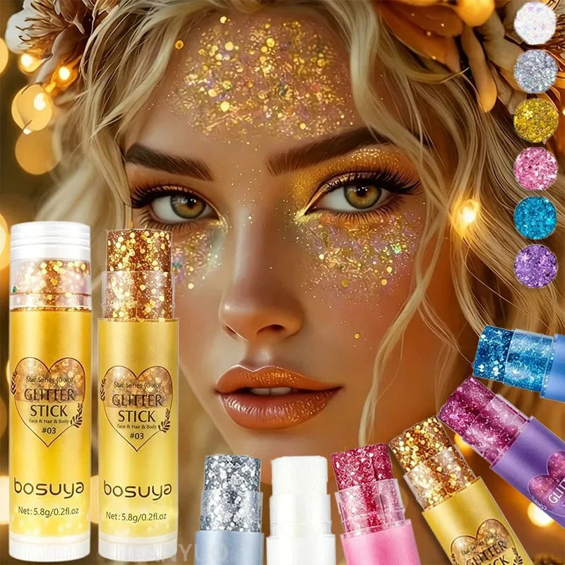 Stick Gel Glitterato con Paillettes Scintillanti, Ombretto Perlato Dorato ad Alta Lucentezza, Glitter per Viso e Corpo, Trucco per Feste Natalizie