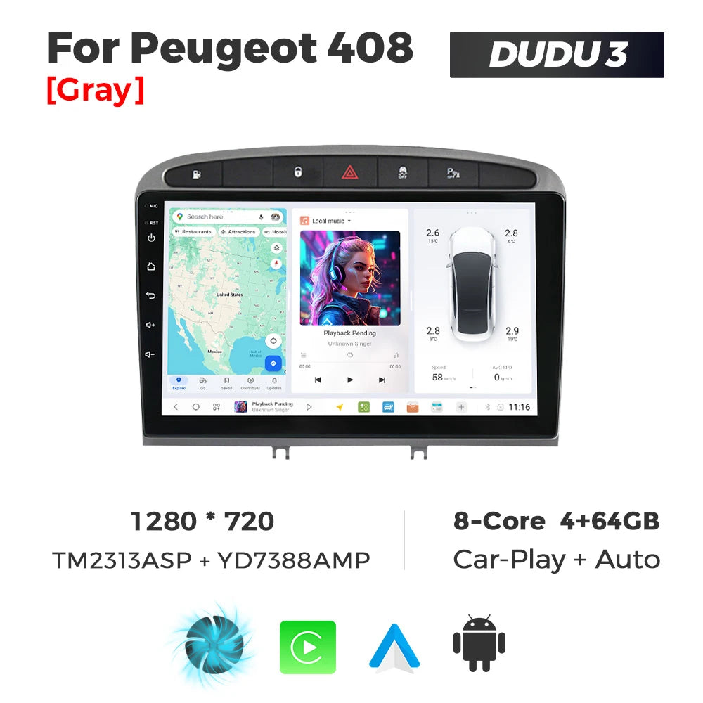 DUDUAUTO 512GB Wireless CarPlay Android Auto Per Peugeot 408 Per Peugeot 308 308SW Autoradio Lettore Multimediale DSP WIFI GPS AMP