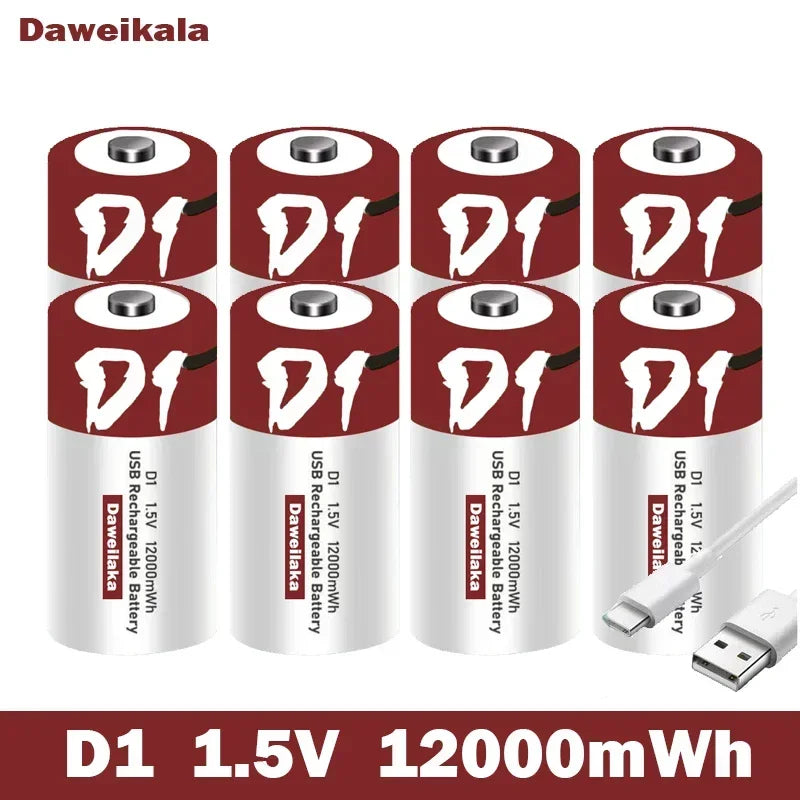 Batteria agli ioni di litio da 1,5 V formato D, 12000 mWh, ricaricabile tramite USB per torce, scaldabagni, giocattoli, include cavo di ricarica gratuito
