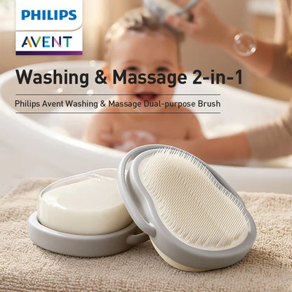 Philips Avent Spazzola per il lavaggio e il massaggio del bambino, doppia funzione, colore grigio nebbia, spazzola da bagno in morbido silicone per bambini da 0 a 12 anni
