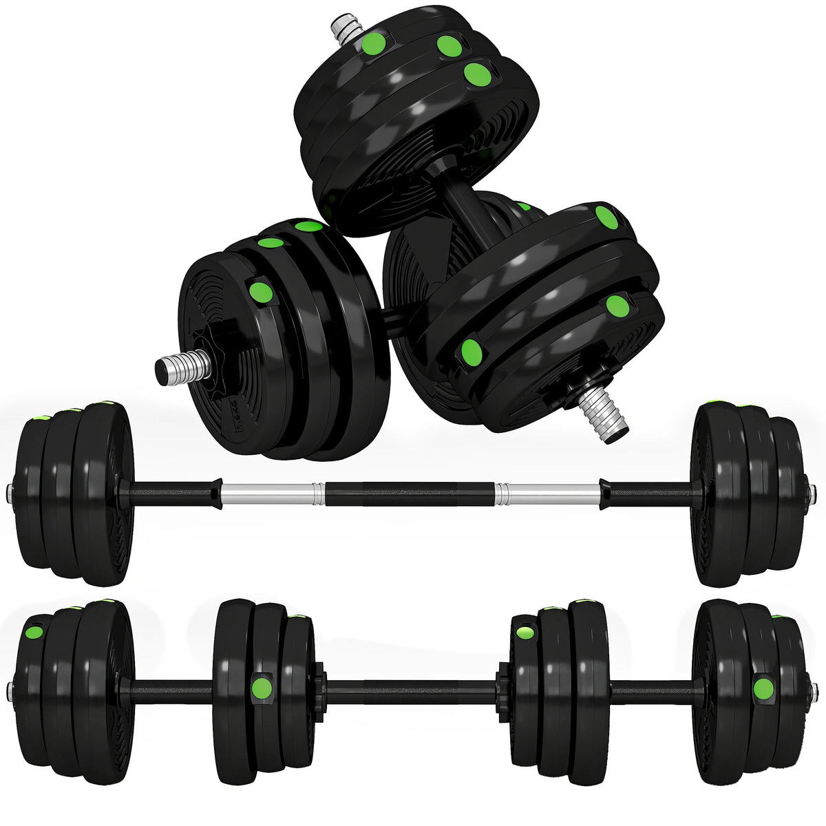 Set di manubri e bilancieri regolabili da 25 kg, 2 in 1, attrezzi per l’allenamento della forza con manici antiscivolo e dischi in plastica per l’uso in palestra domestica, per esercizi di fitness, allenamento muscolare e