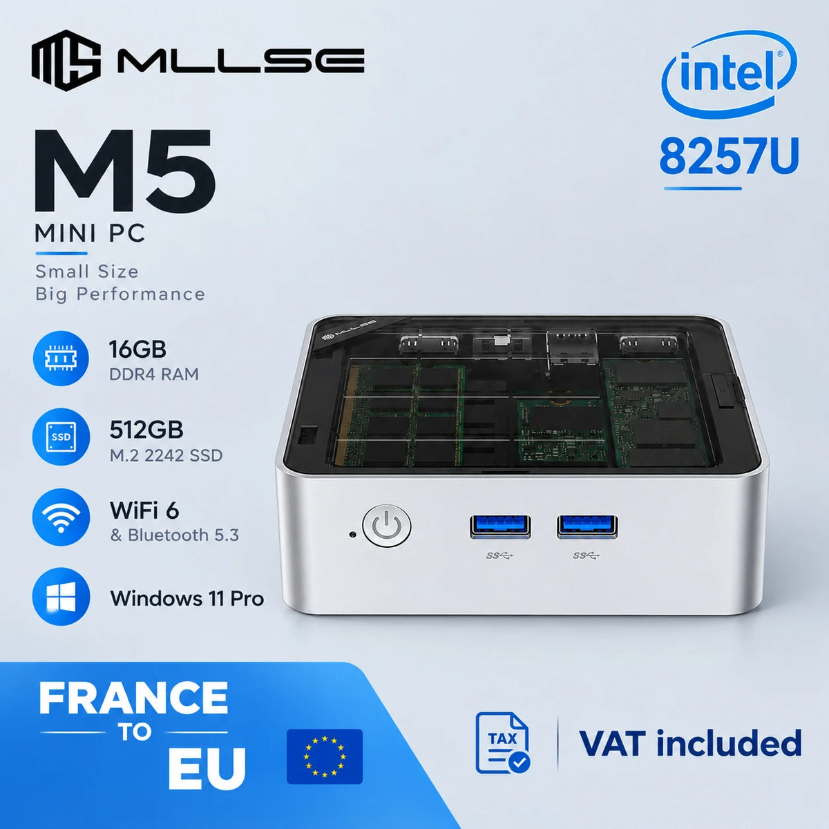 Mini PC Mllse M5 Processore Intel Core I5-8257U 16Gb Ram Ddr4 512Gb Ssd Wifi 6 Bluetooth 5.3 Win 11 Pro