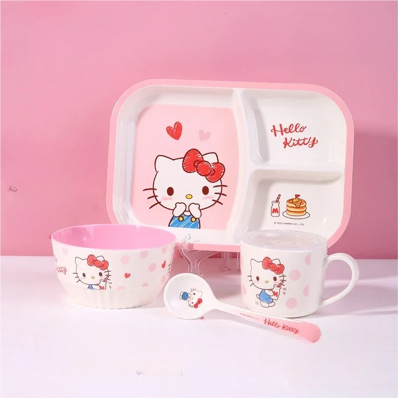 WUHE Set di Stoviglie per Bambini Hello Kitty, Ciotole e Piatti in Melamina, Design Cartoon per Ragazze, Senza BPA, Infrangibile, Lavabile in Lavastoviglie