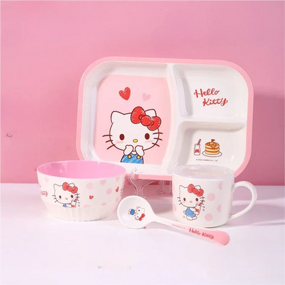 WUHE Set di Stoviglie per Bambini Hello Kitty, Ciotole e Piatti in Melamina, Design Cartoon per Ragazze, Senza BPA, Infrangibile, Lavabile in Lavastoviglie