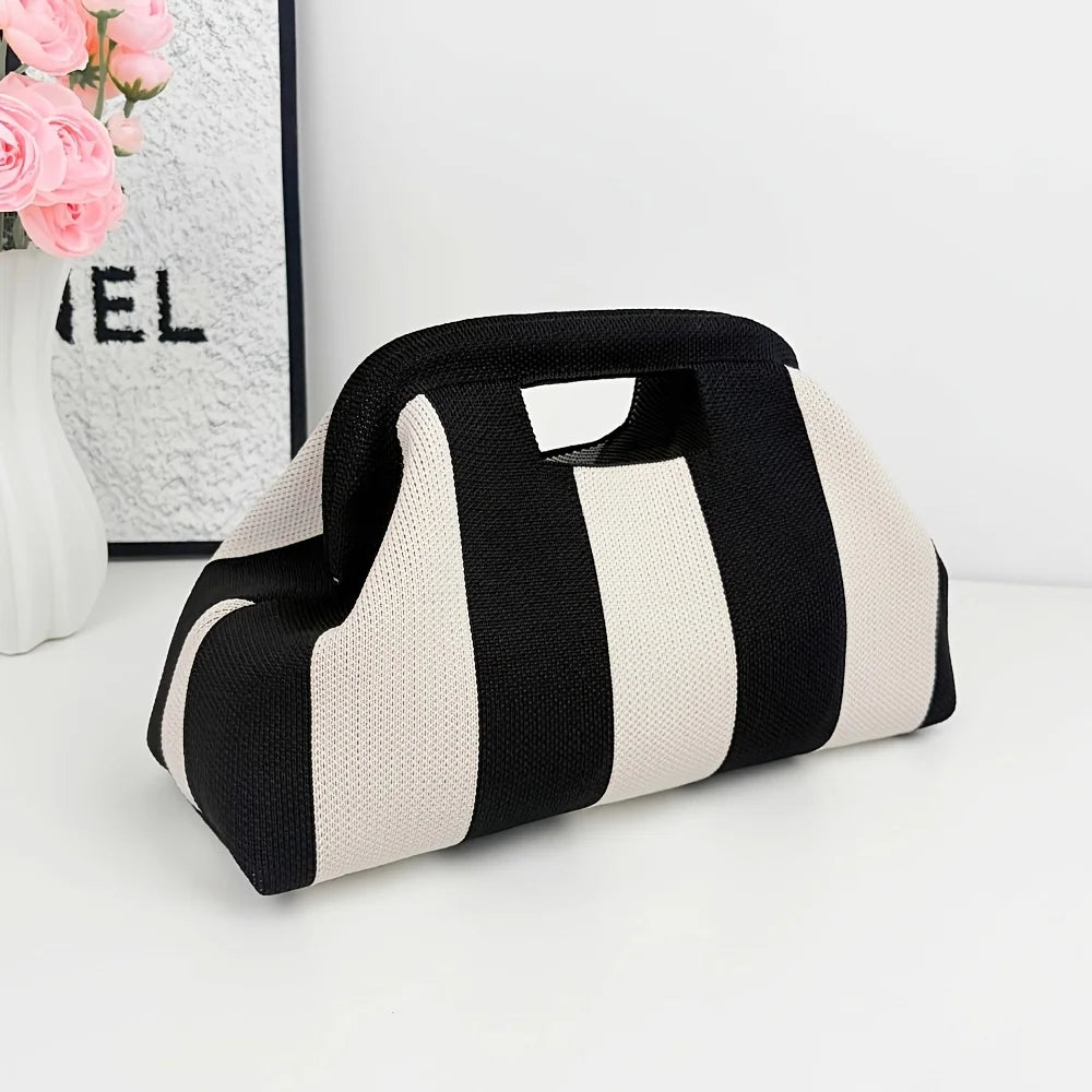 Nuova borsa intrecciata traforata a righe, borsa a mano in maglia, versatile borsa portatile per cosmetici
