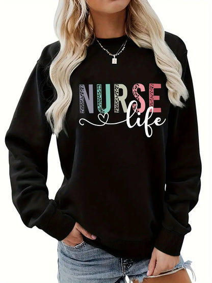 Felpa pullover da donna con stampa INFEZIONE casual, design geometrico, manica lunga, girocollo, lavabile in lavatrice, vestibilità regolare per l'autunno