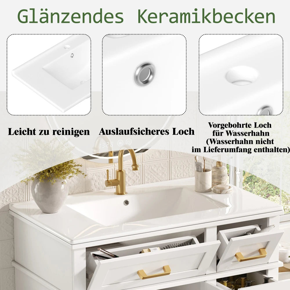 Mobile bagno moderno 76x86x46,5 cm con lavabo in ceramica integrato, mobiletto a cassetti autoportante con ampio spazio contenitivo, dotato di chiusura ammortizzata silenziosa e protezione dal troppo pieno del lavabo, elegant