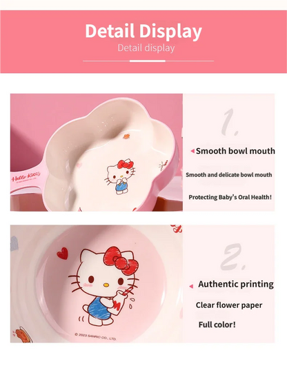 WUHE Set di Stoviglie per Bambini Hello Kitty, Ciotole e Piatti in Melamina, Design Cartoon per Ragazze, Senza BPA, Infrangibile, Lavabile in Lavastoviglie