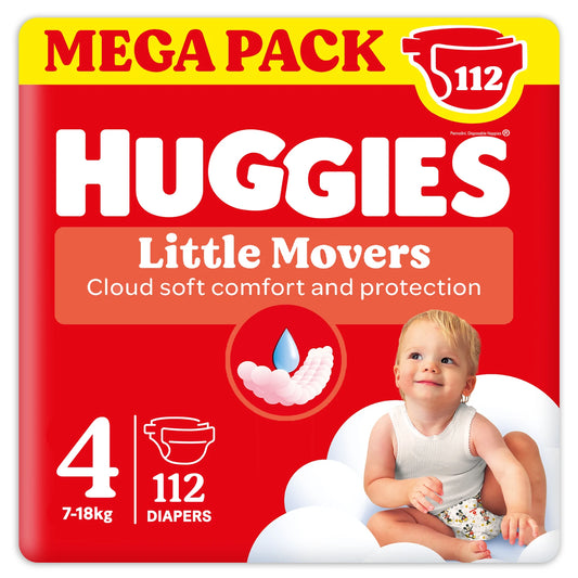 Huggies Little Movers, Pannolini Taglia 4 (7-18 Kg) Pacco Mega, 112 Pz