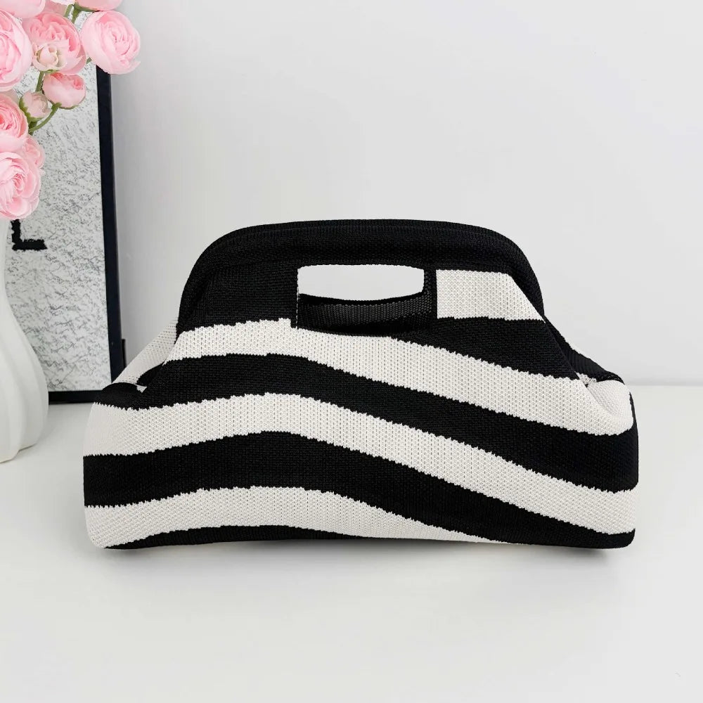 Nuova borsa intrecciata traforata a righe, borsa a mano in maglia, versatile borsa portatile per cosmetici