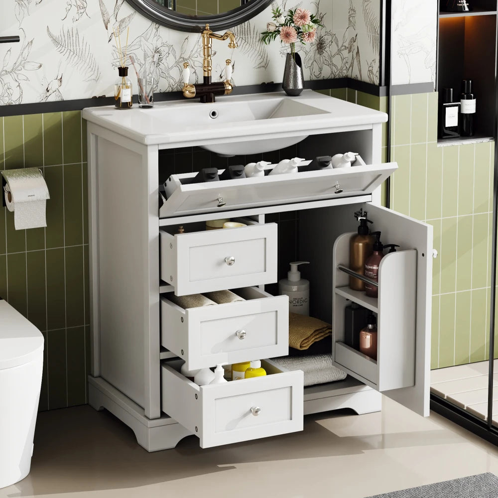 Mobiletto da bagno 76x46x87 cm con lavabo Mobiletto inferiore Cassetto a basso rumore Guida Telaio per porta Cassetto pieghevole Lavello in ceramica Lavabo in ceramica Lavaggio in ceramica