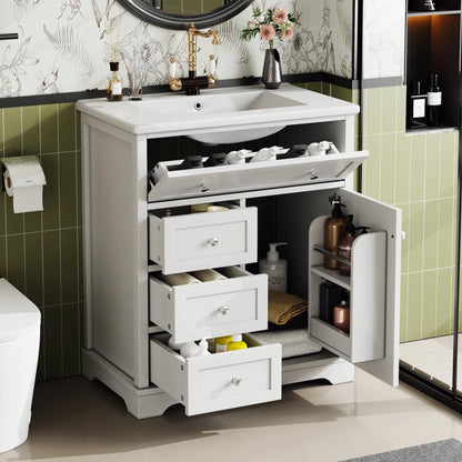 Mobiletto da bagno 76x46x87 cm con lavabo Mobiletto inferiore Cassetto a basso rumore Guida Telaio per porta Cassetto pieghevole Lavello in ceramica Lavabo in ceramica Lavaggio in ceramica