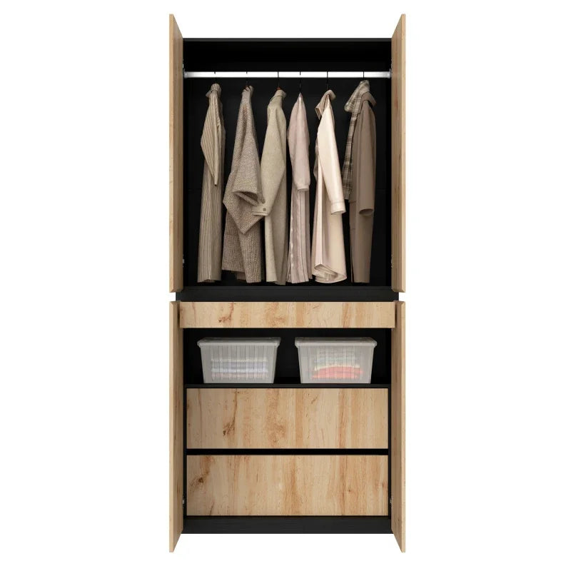 Armadio moderno 90x200 cm con cassetto per gioielli, 4 ante, 1 binario, 3 cassetti, finitura in rovere/bianco, armadio alto per camera da letto, corridoio, ufficio, mobile contenitore in MDF