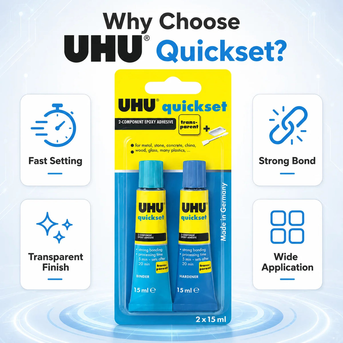 Adesivo Epossidico UHU Quickset 30ml Trasparente Colla Bicomponente AB ad Asciugatura Rapida per Riparazioni di Metallo, Ceramica, Vetro e Plastica