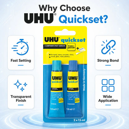 Adesivo Epossidico UHU Quickset 30ml Trasparente Colla Bicomponente AB ad Asciugatura Rapida per Riparazioni di Metallo, Ceramica, Vetro e Plastica