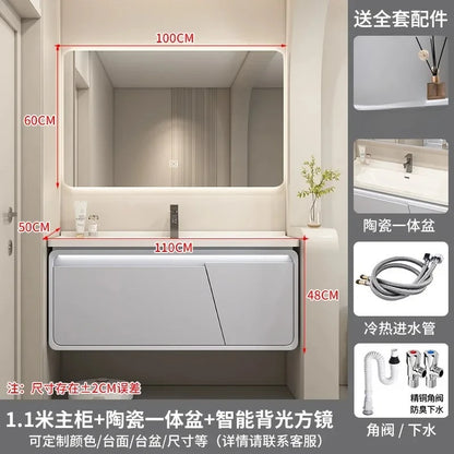 Mobile Bagno Moderno Intelligente con Lavabo Integrato in Ceramica, Armadietti in Rovere, Specchio LED e Mobiletto - Arredamento Bagno