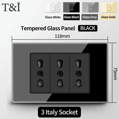 Prese per interruttori a muro T&I con tipo USB  C Ricarica rapida, presa Italia, presa Schuko Cile, pannello in vetro temperato per la casa