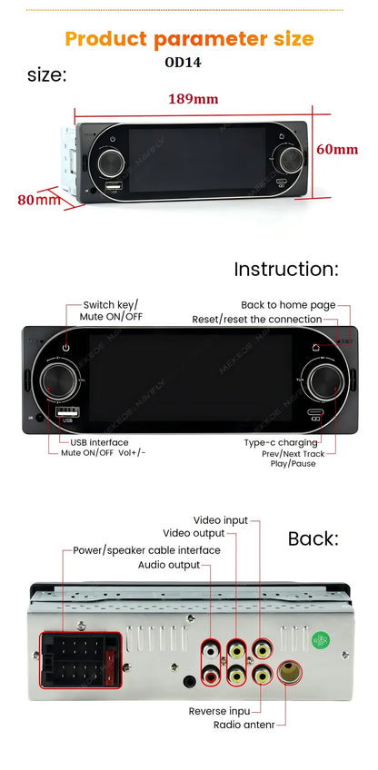 MEKEDE Lettore Video 4K da 5.2/6.86/6.88 Pollici, CarPlay Wireless, Android Auto, Radio FM Multimediale Universale 1DIN con USB Type-C, TF, AUX, ISO, RCA