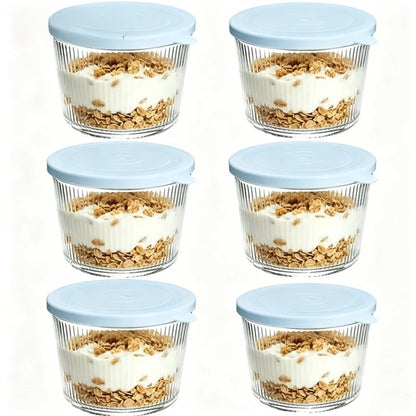 Set di 4/6 Piccole Ciotole in Vetro con Coperchio, Contenitori Impilabili in Vetro Trasparente a Righe per Dessert, Budini, Salse, Salse Piccanti, Noci, Avena, Caramelle, Dolciumi