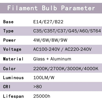 Confezione da 10 lampadine a filamento LED per E27 B22 220V 240V 4W 6W 9W Lampadine a LED bianche calde Lampada in vetro vintage