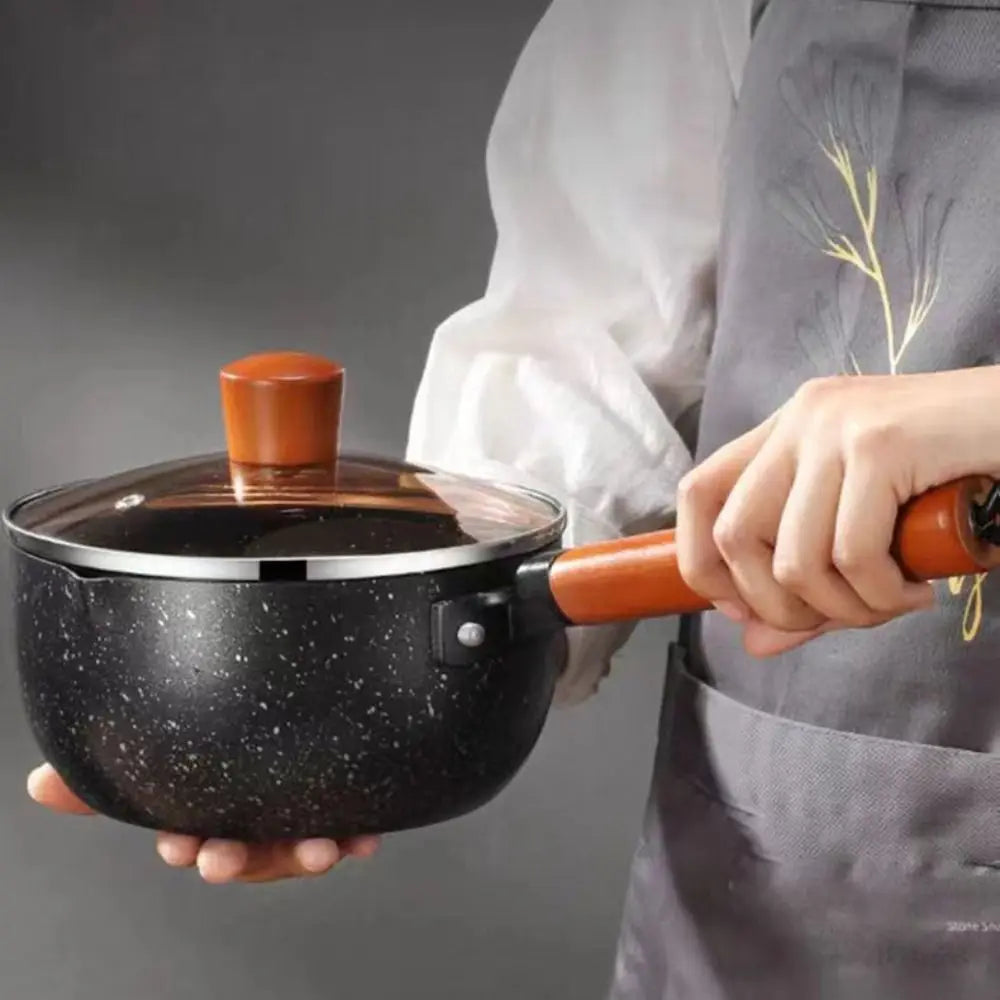 Pentola per il latte antiaderente Manico in legno Pentola per zuppa universale in stile giapponese con coperchio e beccuccio versatore Pentola per alimenti per bambini