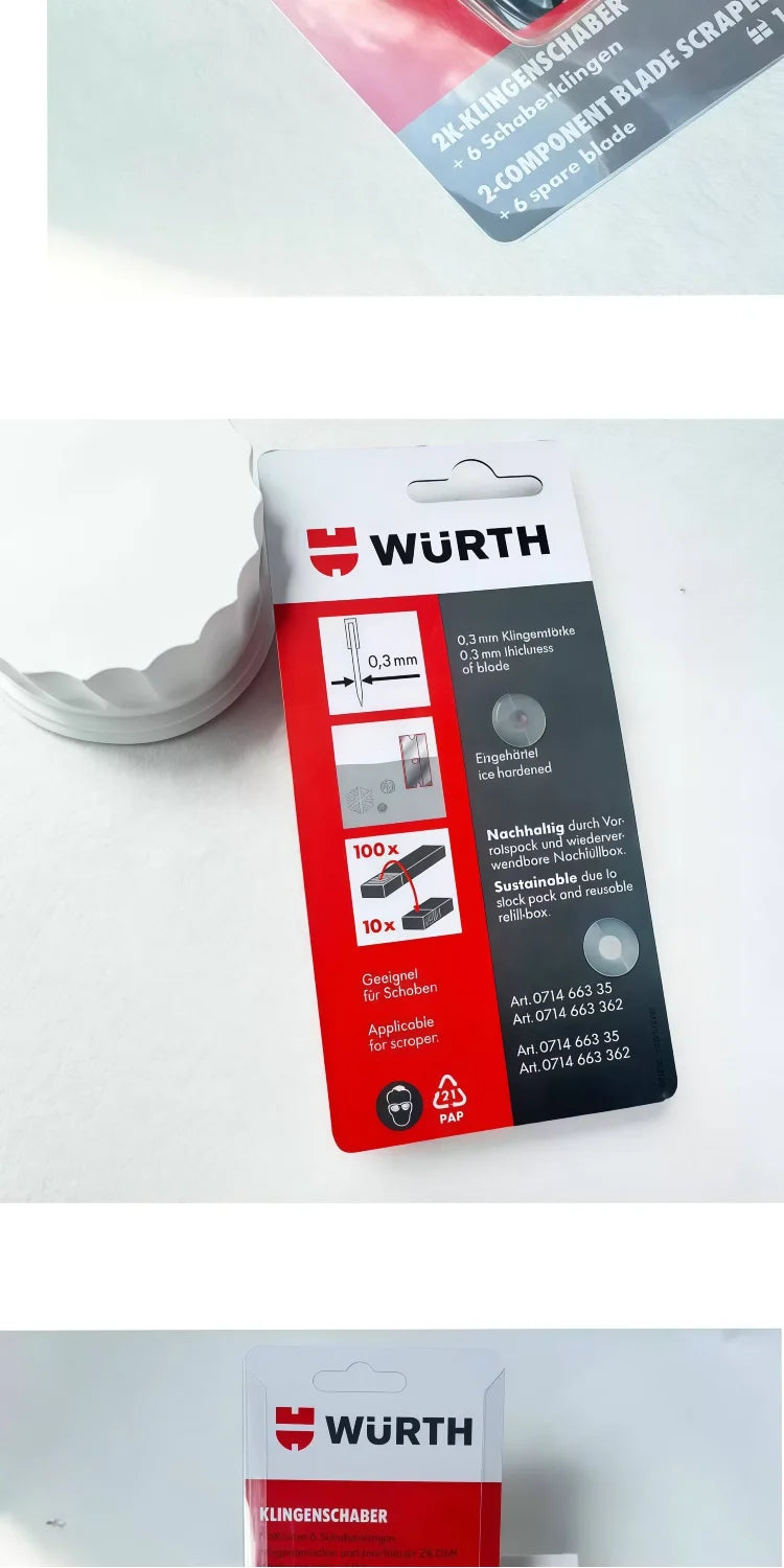 Wurth 071466335 Raschietto Professionale per Vetro con Lama da 40mm, Rimuovi Adesivi e Residui di Colla, Manico Antiscivolo con 6 Lame