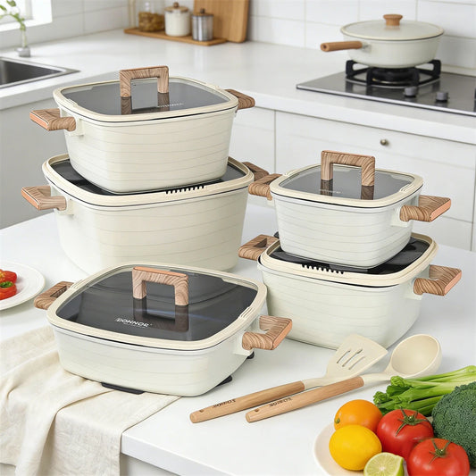 Set di pentole DONNOR da 15 pezzi, pentole quadrate per zuppe, pentole per brodo, set di padelle antiaderenti con manico in bachelite, pentola per cucinare adatta a tutti i tipi di fornelli