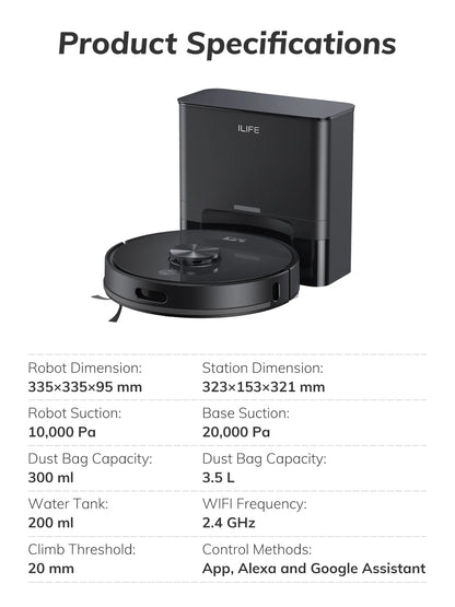 Robot Aspirapolvere ILIFE T20s Ultra con Stazione di Svuotamento Automatico, Aspirazione 10000Pa, Batteria 4600mAh, Autonomia Massima 300 Minuti