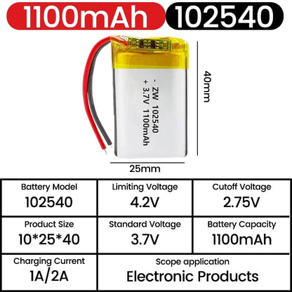 Batteria al litio 3,7 V 102540, 1100 mAh, batterie polimeriche + scheda di protezione PCB per localizzatore GPS, dispositivi MP3/MP4, batteria ricaricabile.