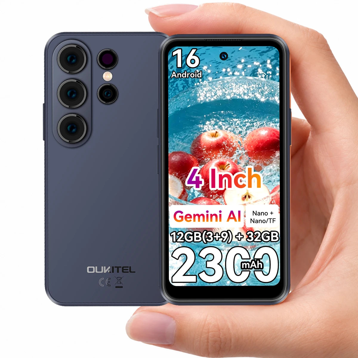OUKITEL C26, smartphone mini, display ultra compatto da 4 pollici, fino a 12 GB di RAM (3+9) + 32 GB di ROM, batteria da 2300 mAh, Android 16, Gemini AI, piccolo telefono cellulare da tasca, leggero e sempre connesso.
