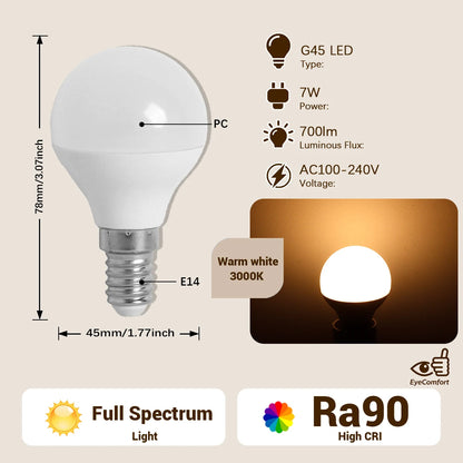 Lampadina LED G45 a spettro completo con attacco E14 E27, indice di resa cromatica CRI90, protezione per gli occhi, lampadina decorativa per illuminazione ambientale interna