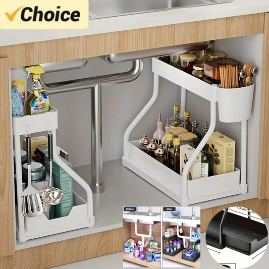 Organizzatore salvaspazio a 2 livelli sotto il lavandino, scatola portaoggetti estraibile, durevole, di grande capacità, per cucina, bagno, cassetto essenziale