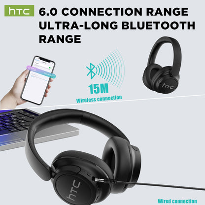 Cuffie da gioco wireless Bluetooth over-ear HTC HP10 pieghevoli HiFi Stereo con 60 ore di riproduzione, bassi profondi, comode e portatili