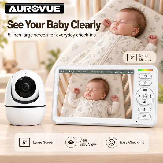 Monitor video per bambini da 5 pollici con batteria da 5000 mAh, telecamera con funzioni di panoramica, inclinazione e zoom, visione notturna, audio bidirezionale, monitoraggio della temperatura e funzione di canti per la nan