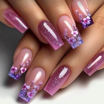 24 pezzi Stampa sulle unghie Design floreale Balletto di media lunghezza Unghie finte Moda Marrone Copertura completa Suggerimenti per manicure Set di unghie finte danneggiabili