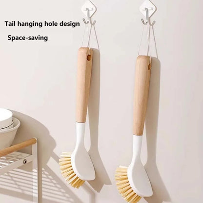 Set di 2 Spazzole per Piatti con Manico Lungo in Legno - Spazzole per Pulizia Pentole e Lavello, Non Graffiano, con Foro per Appendere