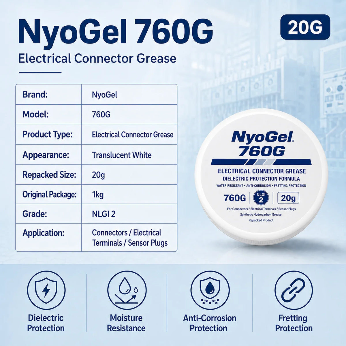 NyoGel 760G Grasso per Connettori Elettrici, Lubrificante Dielettrico Anticorrosione per Terminali di Cablaggio Automobilistico e Spine per Sensori 20g 50g