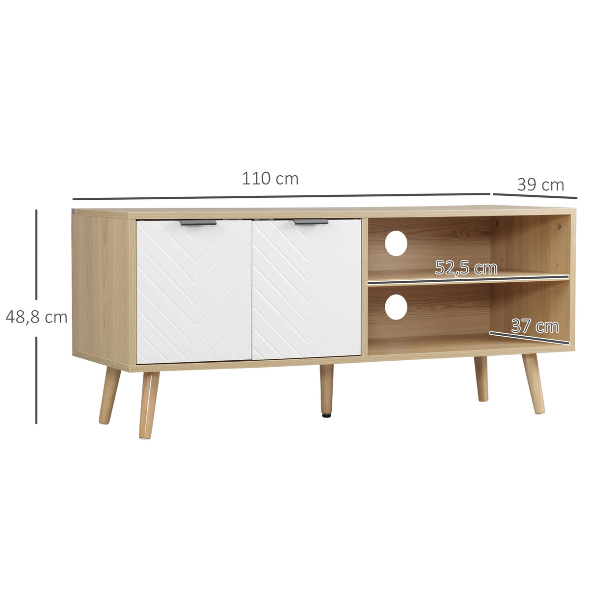 Mobile TV HOMCOM per televisori fino a 46 pollici, design scandinavo, 2 ante, 2 nicchie con passacavi, 110x39x cm