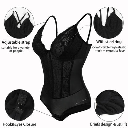 Body modellante in pizzo da donna con ferretto, controllo della pancia, modellante per tutto il corpo, corsetto con scollo a V, top, tuta, slip, lingerie, abbigliamento sexy