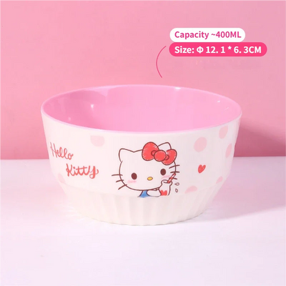 WUHE Set di Stoviglie per Bambini Hello Kitty, Ciotole e Piatti in Melamina, Design Cartoon per Ragazze, Senza BPA, Infrangibile, Lavabile in Lavastoviglie