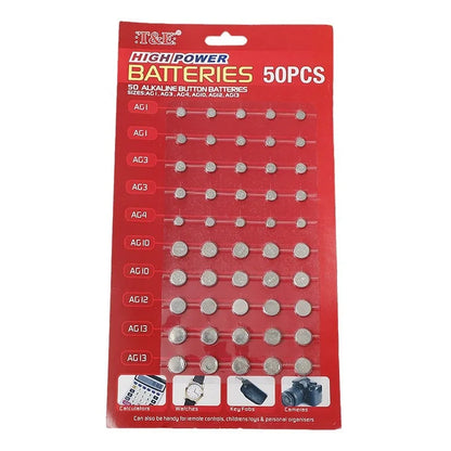 50 Pezzi Batterie a Bottone 1.55V AG13 LR44 L AG1 AG3 AG4 AG10 AG12 SR44 A76 LR1154 GP7 per Orologi, Giocattoli e Telecomandi
