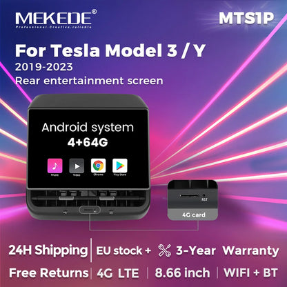 Mekede Sistema Multimediale di Intrattenimento Android da 8,66 Pollici 4GB 64GB con Controllo Touch per Tesla Model 3/Y, Regolazione Sedile, Controllo Climatizzatore, Supporto YouTube Netflix 4G LTE WiFi, Lettore Video Multim