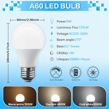Confezione da 6/8/10 Lampadine LED E27 AC 220V 230V, 90LM/W CRI90 3W-24W, Illuminazione Bianca Calda/Fredda 3000K/4000K/6000K per Uso Domestico